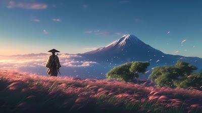 Lone Samurai Standing in Pink Grass Overlooking Mount Fuji 5K Wallpaper