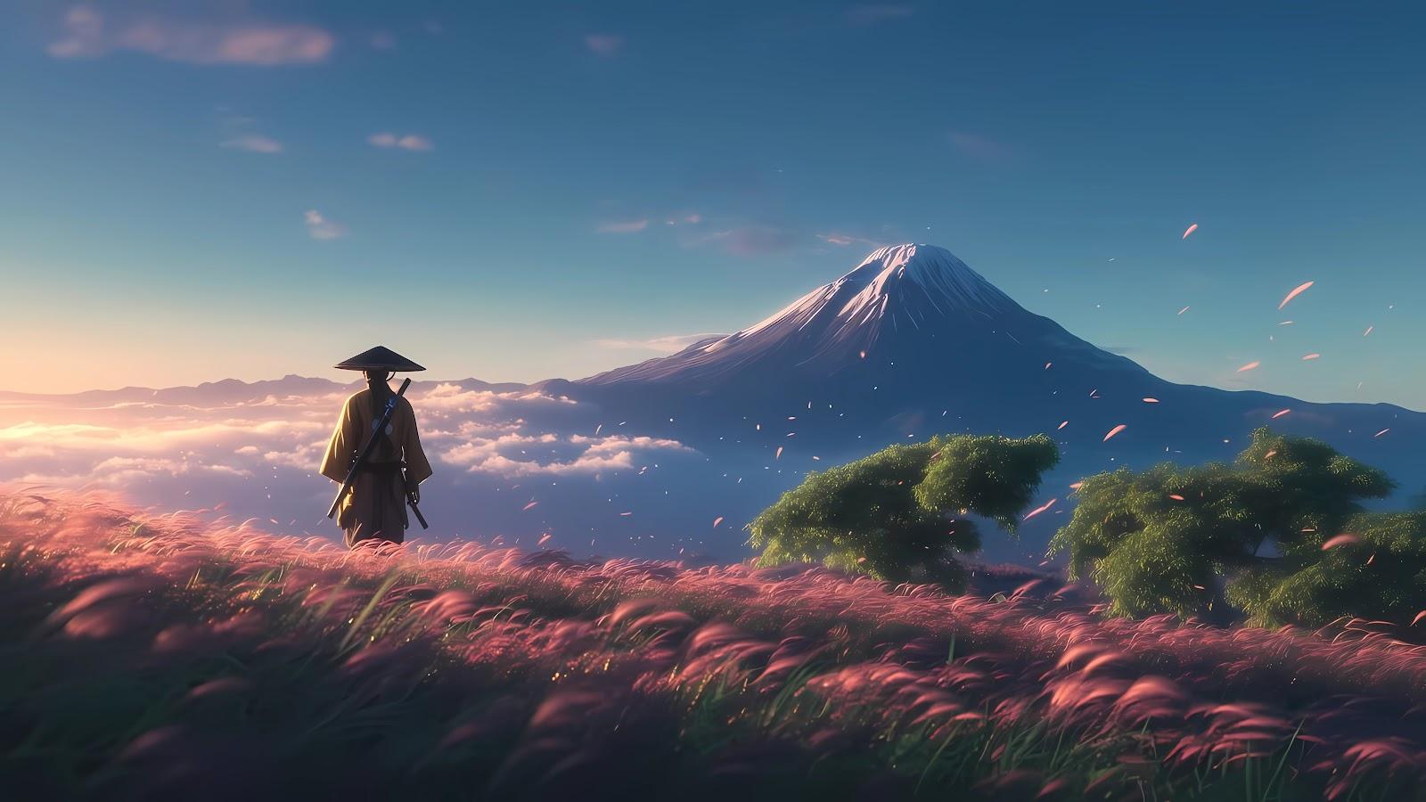 Lone Samurai Standing in Pink Grass Overlooking Mount Fuji 5K Wallpaper