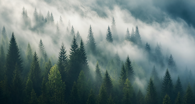 Misty Evergreen Forest with Soft Sunlight 2K Wallpaper