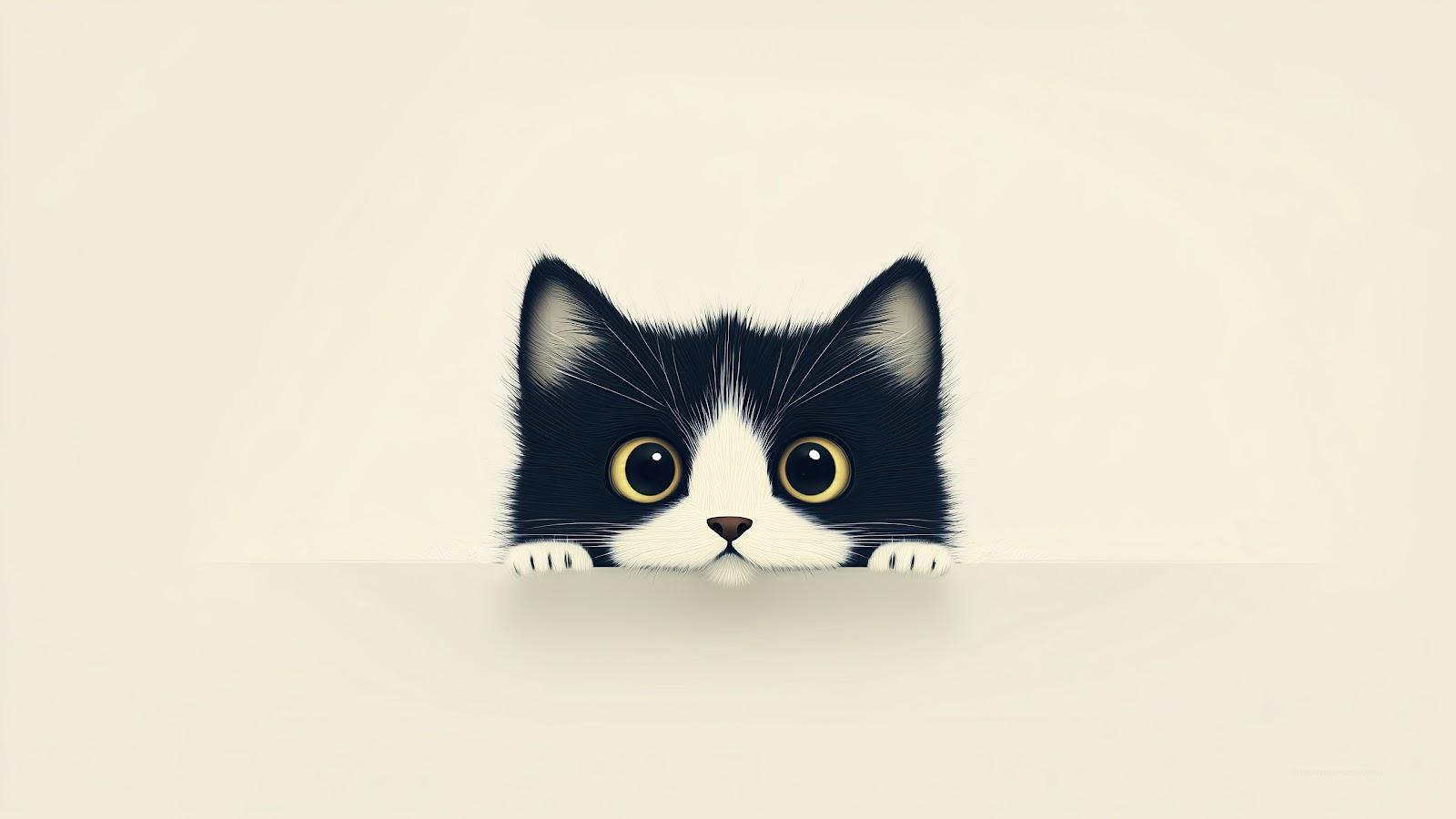 Minimalist Peeking Black and White Kitten 4K Wallpaper