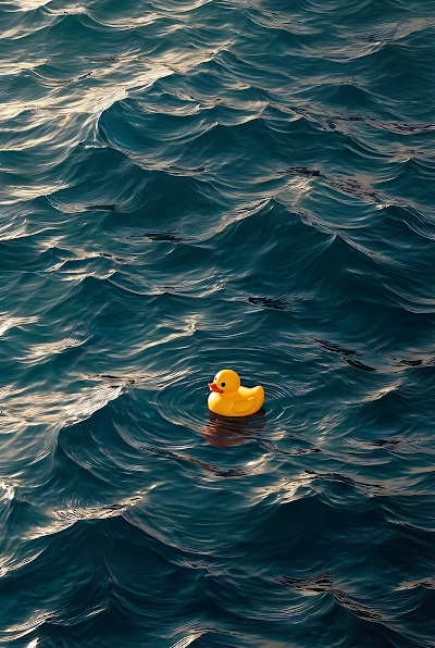 Lone Yellow Rubber Duck Floating on Deep Blue Ocean Waves