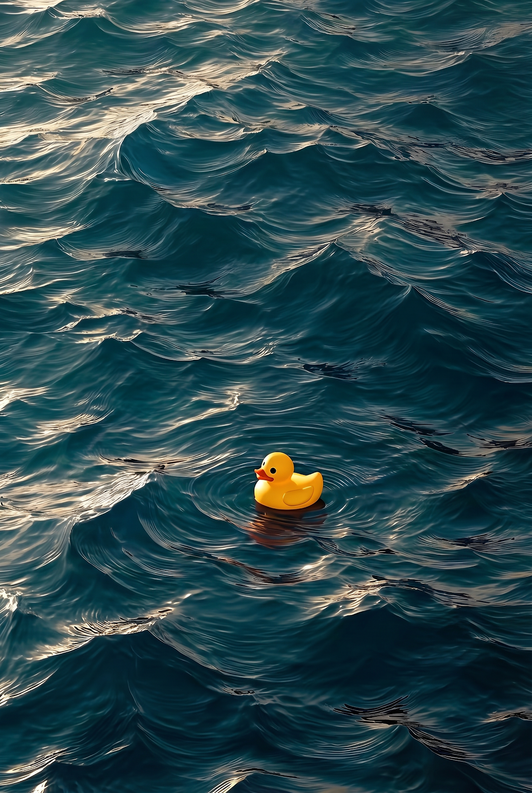 Lone Yellow Rubber Duck Floating on Deep Blue Ocean Waves