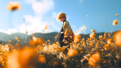 Zenitsu Agatsuma in Yellow Flower Field Demon Slayer 5K Wallpaper