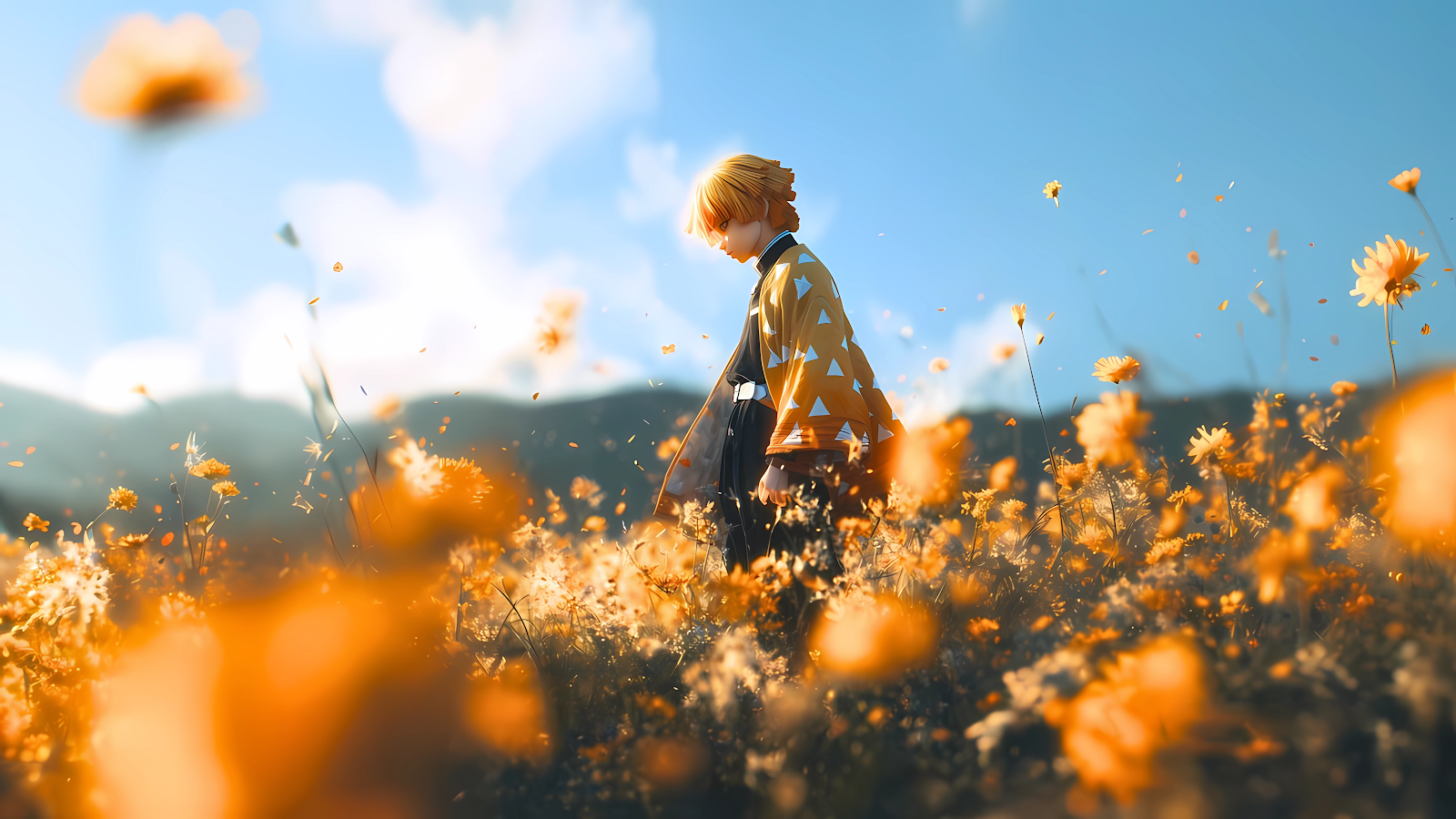 Zenitsu Agatsuma in Yellow Flower Field Demon Slayer 5K Wallpaper