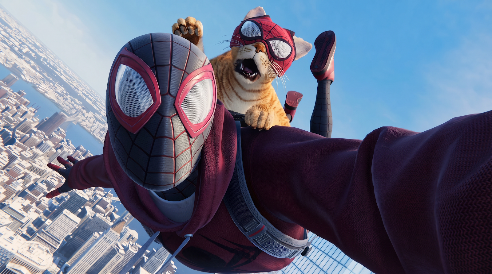 Miles Morales Skydiving Selfie with Spider-Cat 2K Wallpaper