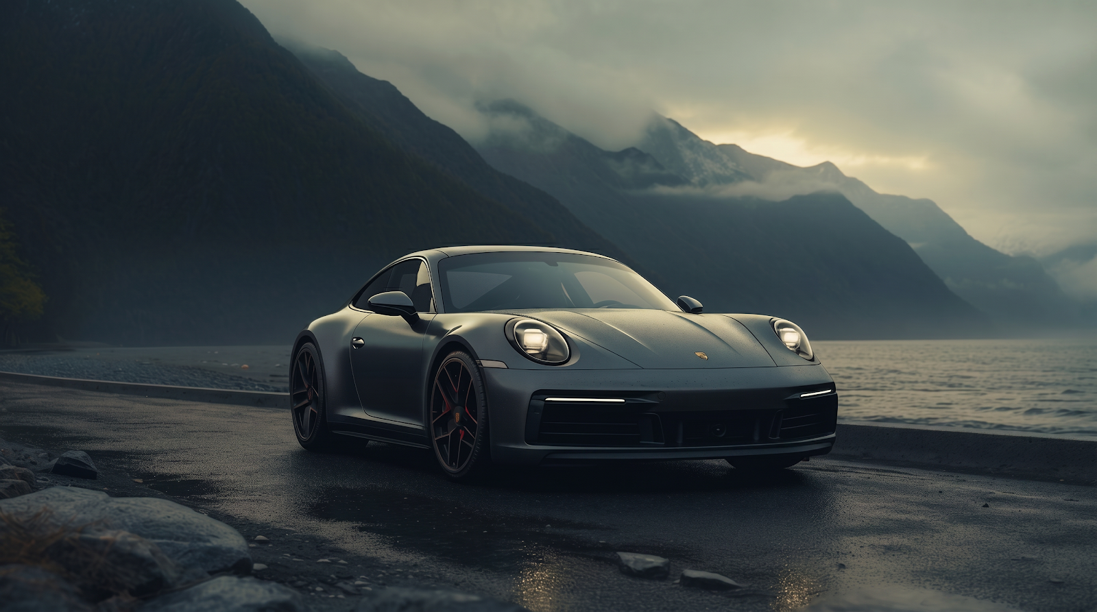 Black Sports Car on Misty Mountain Coastal Road Wallpaper.png