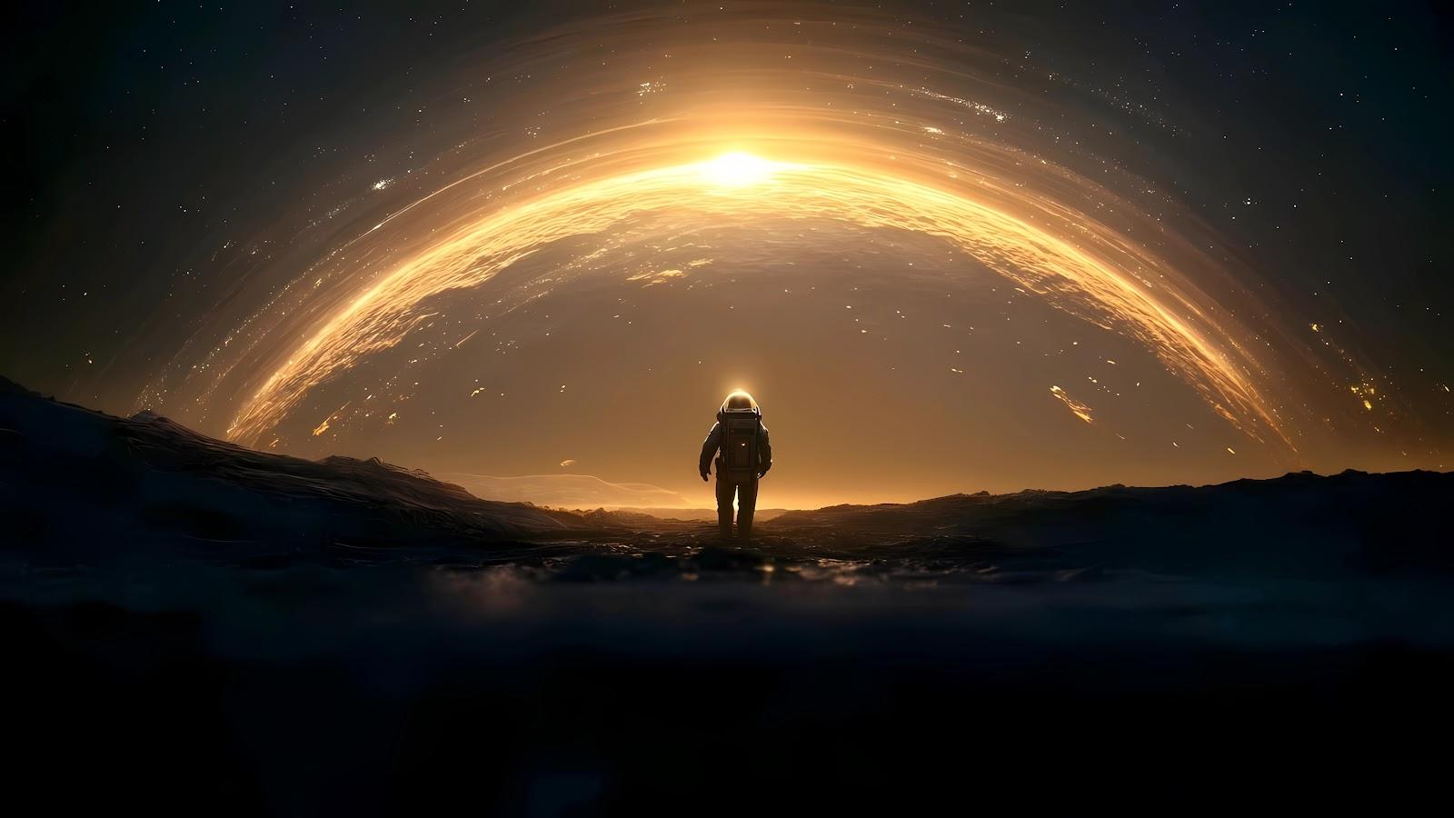 Astronaut Standing Before Golden Planet Horizon 5K Sci-Fi Wallpaper